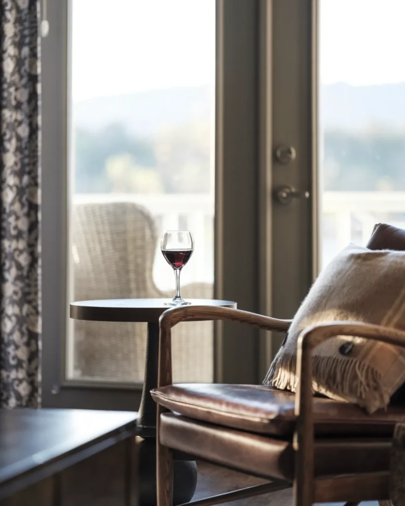 A glass of red wine rests on a small round table beside a wooden chair with a pillow, near a sunlit window with an outdoor view.